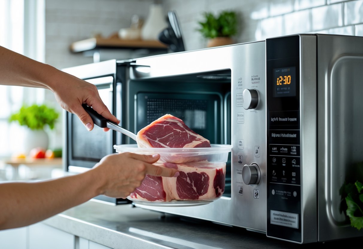 Pessoa mexendo carne dentro do micro-ondas para descongelar em uma cozinha moderna.