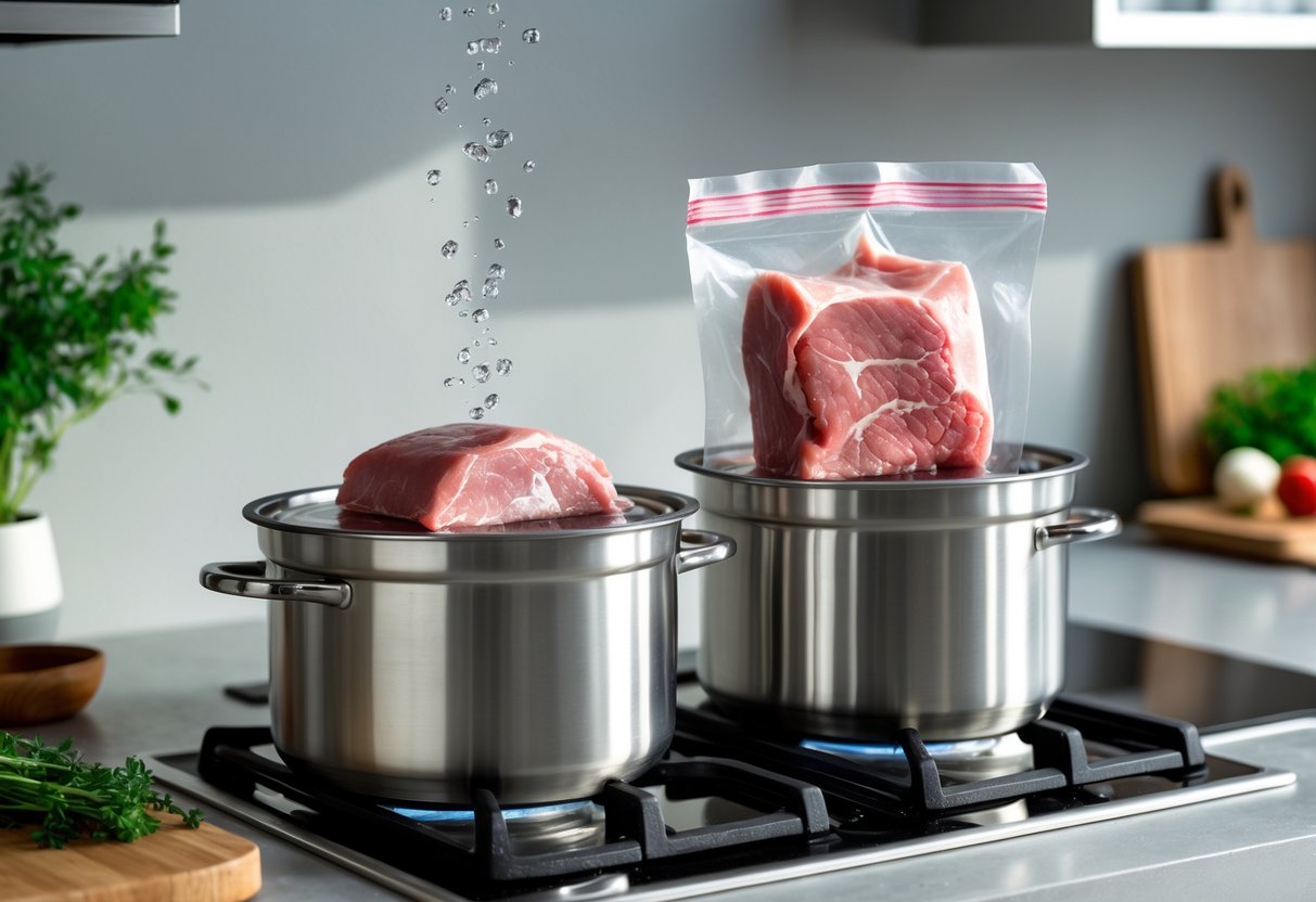 Cozinha moderna com duas panelas, uma maior cheia de água quente e uma menor invertida dentro dela contendo carne crua em saco plástico para descongelar rapidamente.