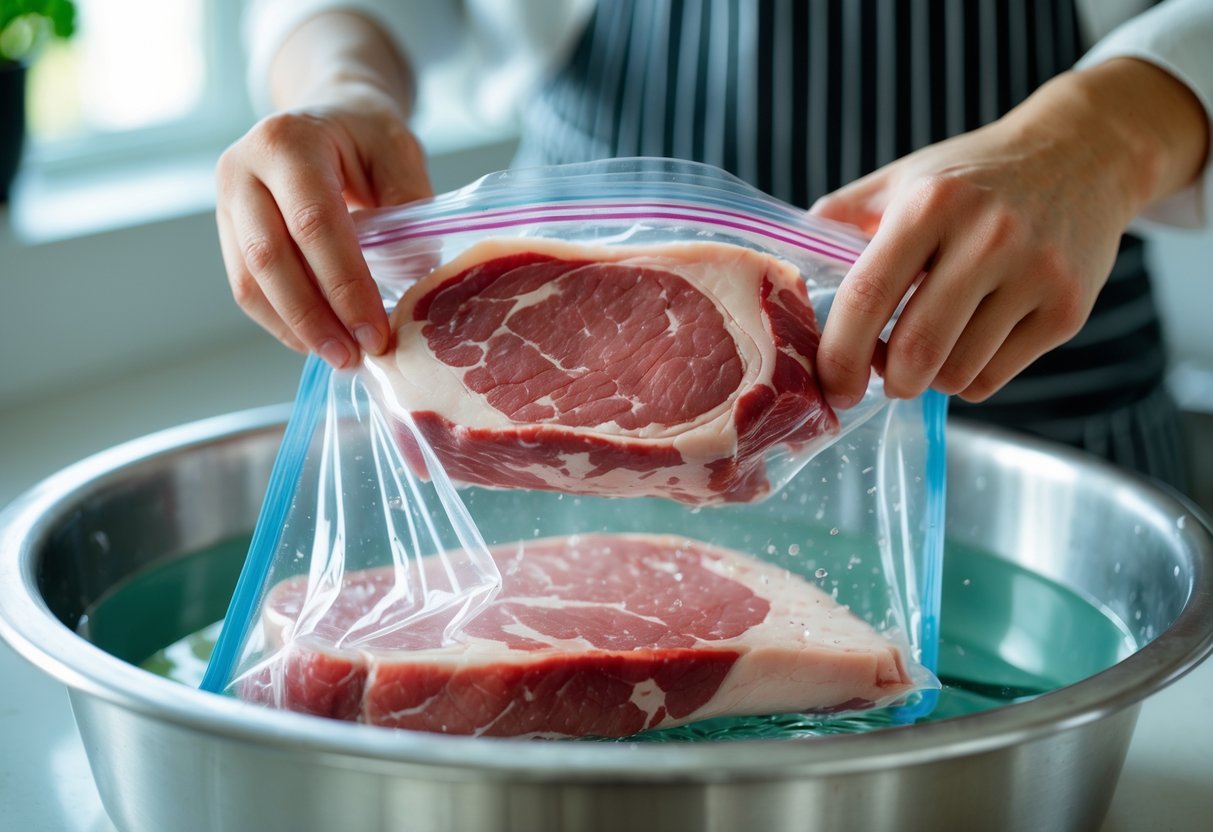 Mãos colocando carne crua em saco plástico vedado ao lado de uma tigela com água.