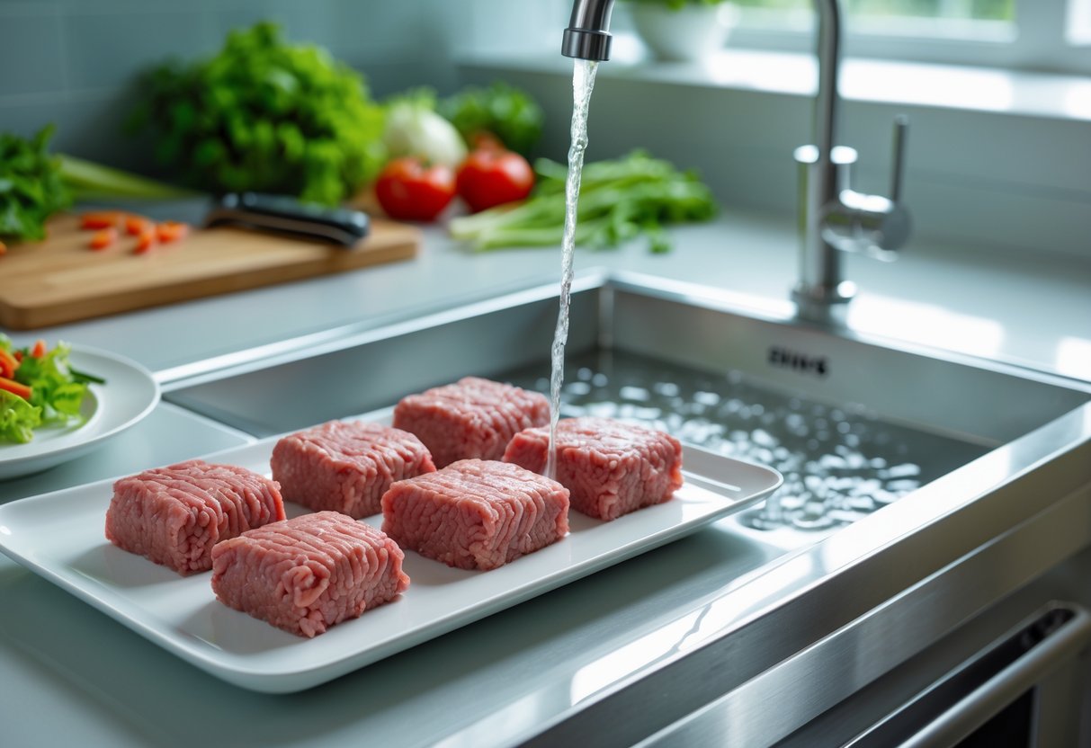 Porções pequenas de carne moída sendo descongeladas rapidamente em uma pia de cozinha moderna.