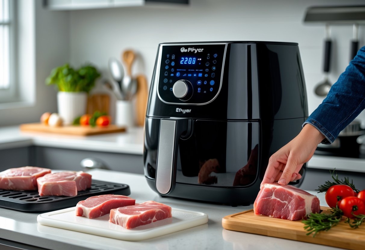 Pessoa usando uma airfryer para descongelar pequenos cortes de carne em uma cozinha moderna.