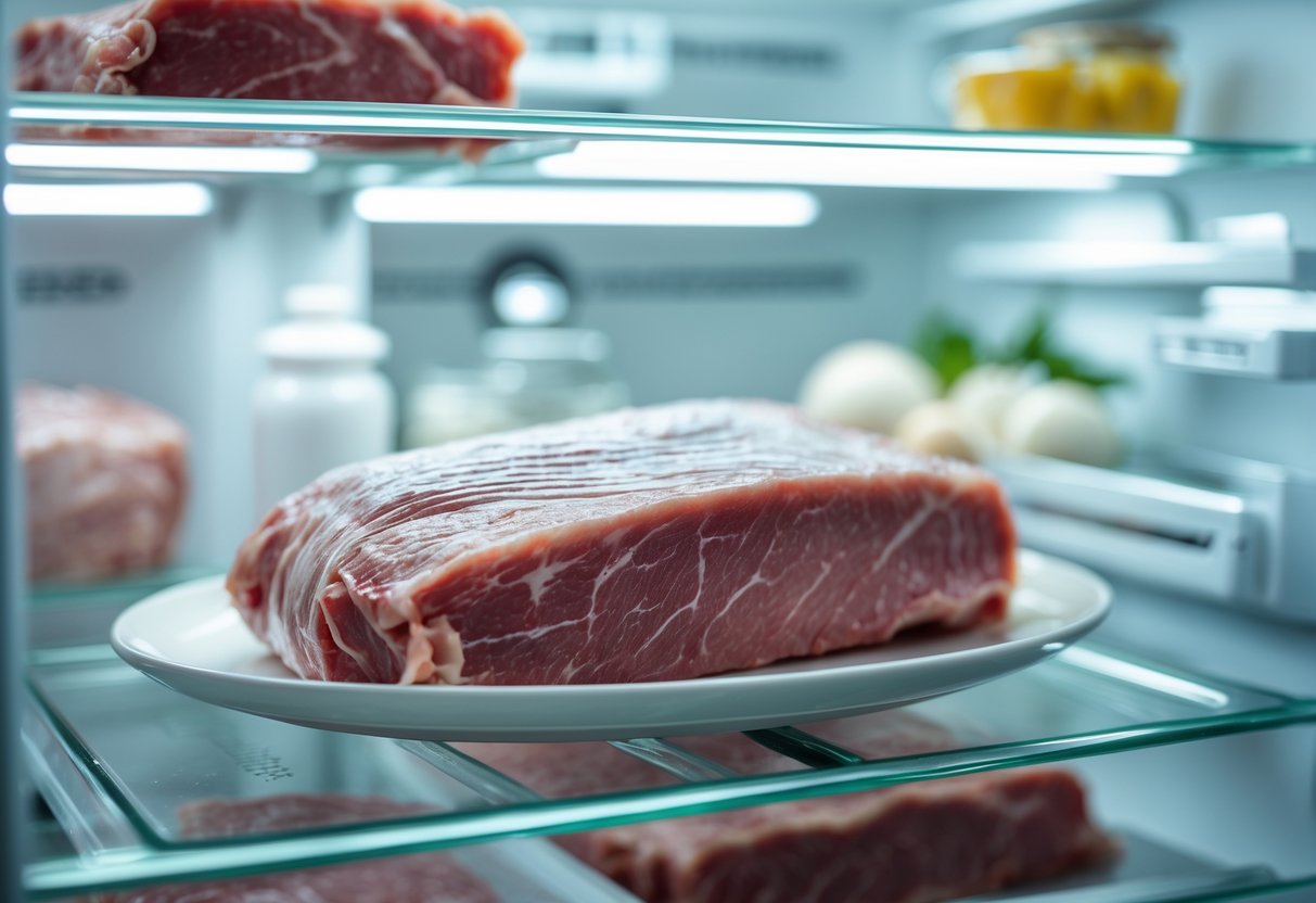 Carne crua dentro da geladeira para descongelar lentamente durante a noite.