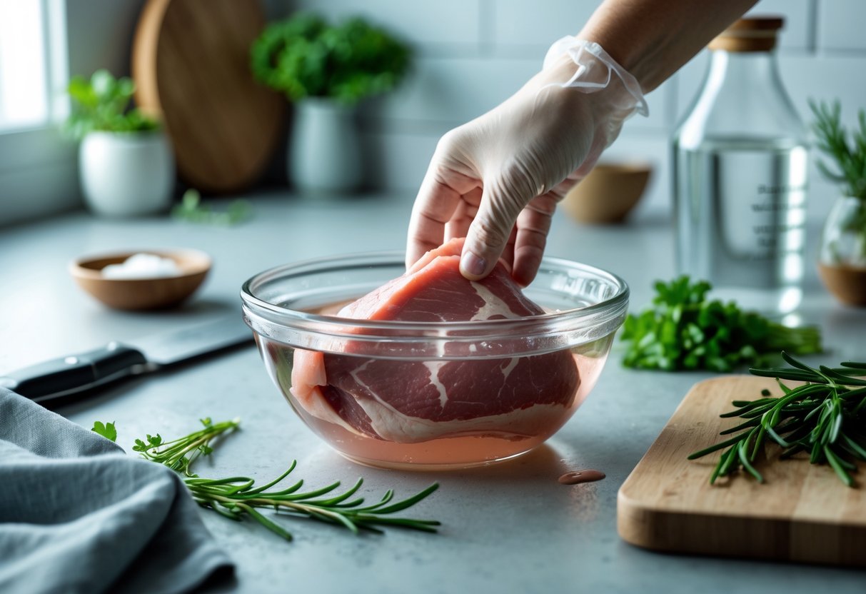 Mão com luva segurando carne crua em uma tigela com vinagre diluído em uma cozinha moderna.