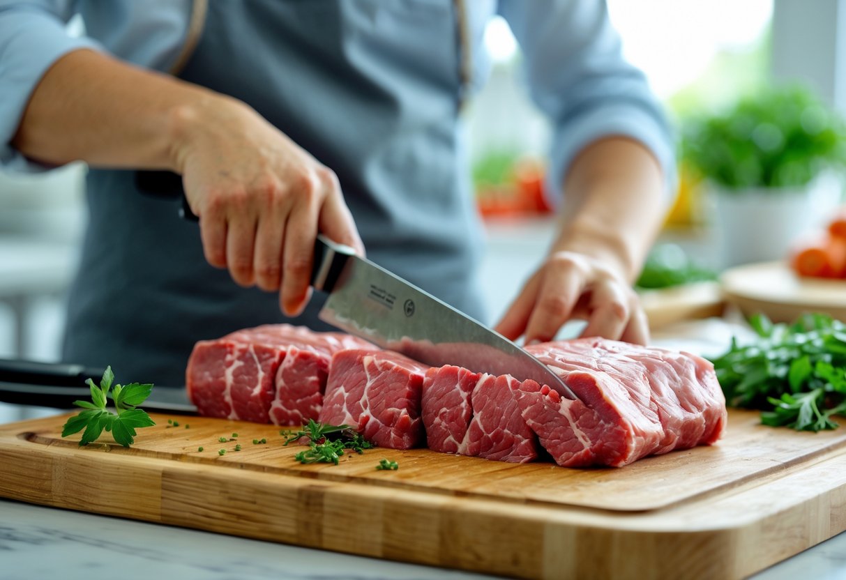 Mãos cortando carne crua em pedaços menores sobre uma tábua de madeira em uma cozinha iluminada.