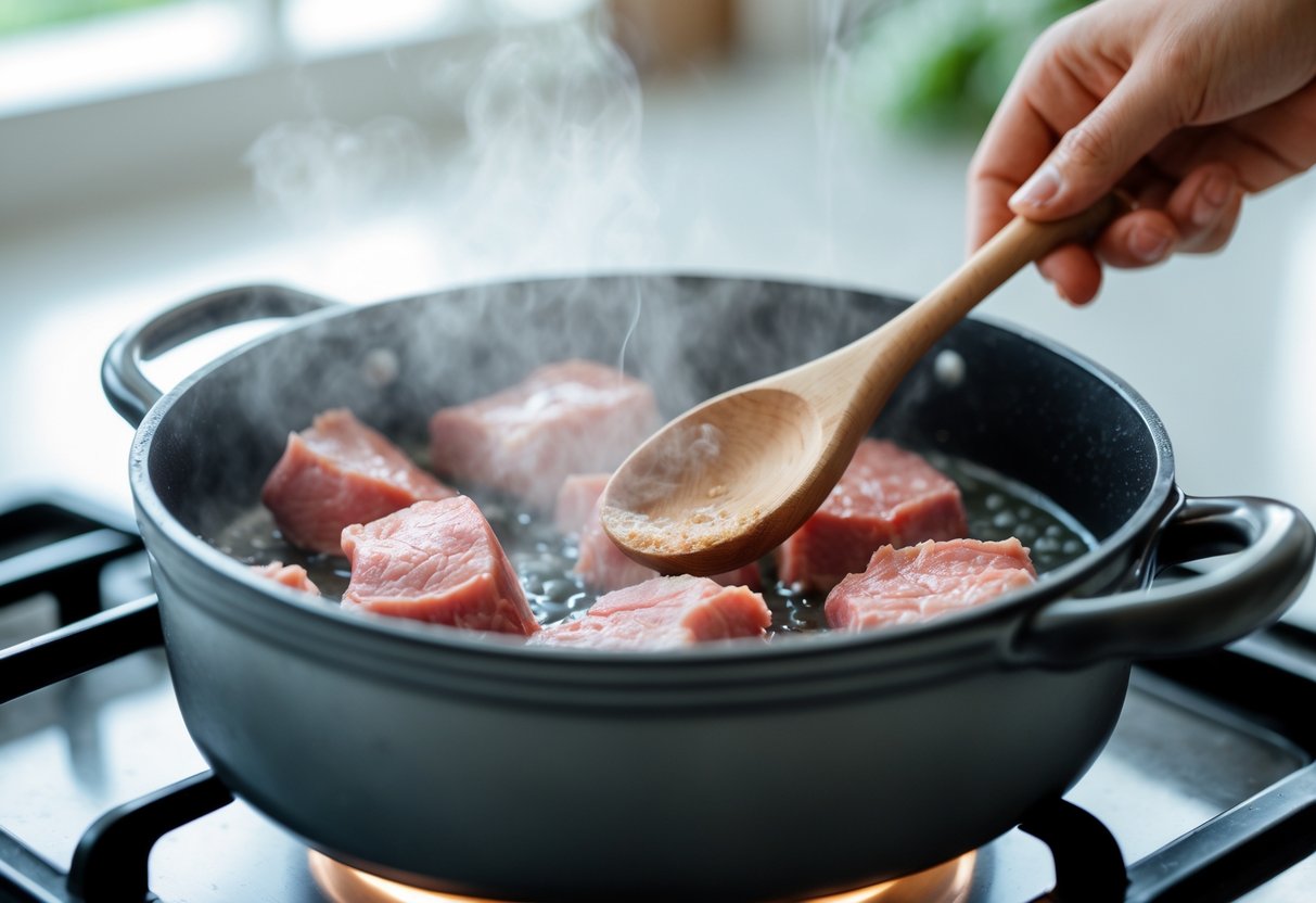 Pessoa mexendo carne em panela no fogão com fogo baixo para descongelar.