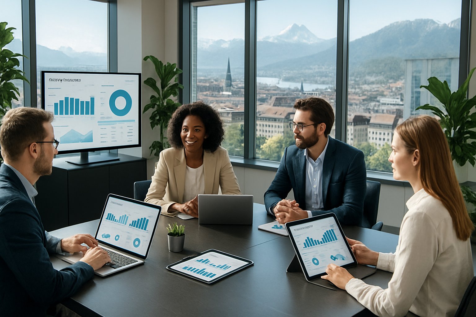 Ein Team von Fachleuten arbeitet gemeinsam in einem modernen Büro mit Blick auf eine Schweizer Stadt und Berge.