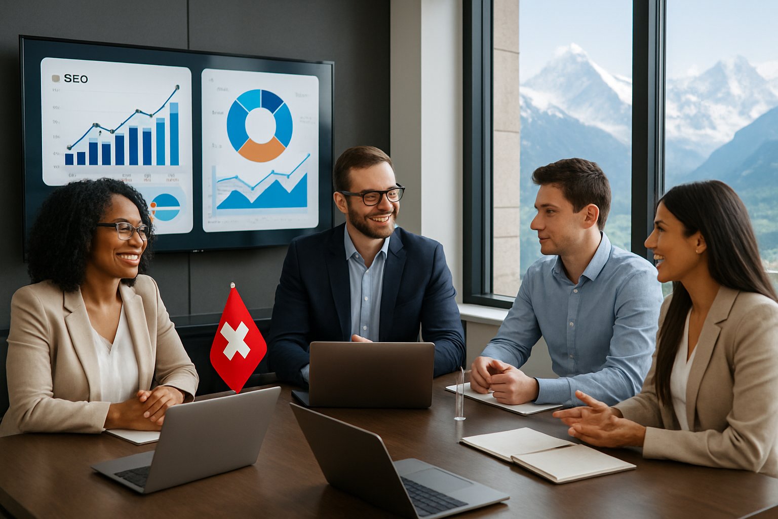 Ein Team von Fachleuten arbeitet gemeinsam in einem modernen Büro mit Blick auf die Schweizer Alpen, umgeben von Computern und digitalen Diagrammen.