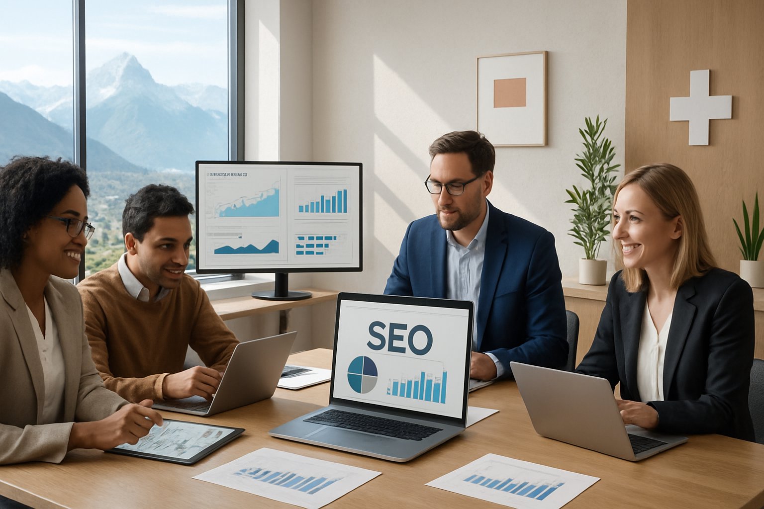 Ein Team von Fachleuten arbeitet gemeinsam in einem modernen Büro mit Blick auf die Alpen, umgeben von Computern und digitalen Geräten.