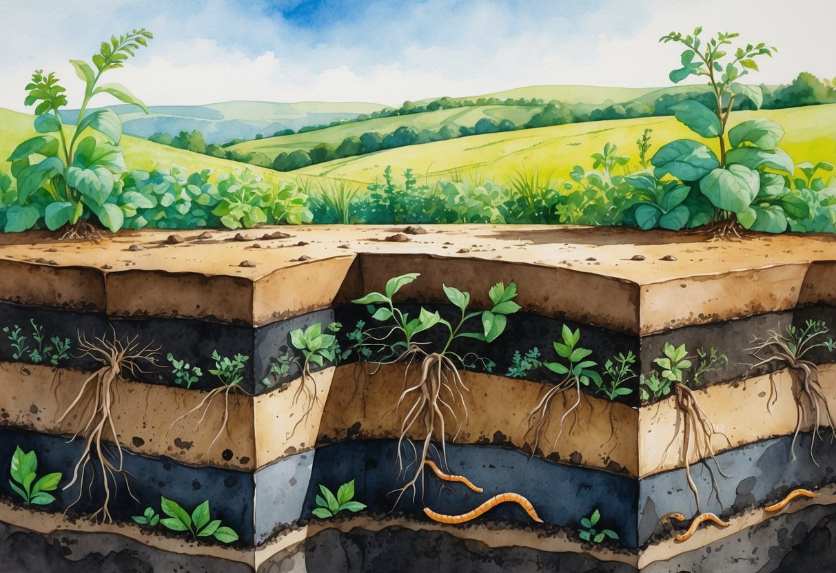 Prikaz plodnog tla bogatog humusom s korijenjem i biljkama na površini u hrvatskom krajoliku.