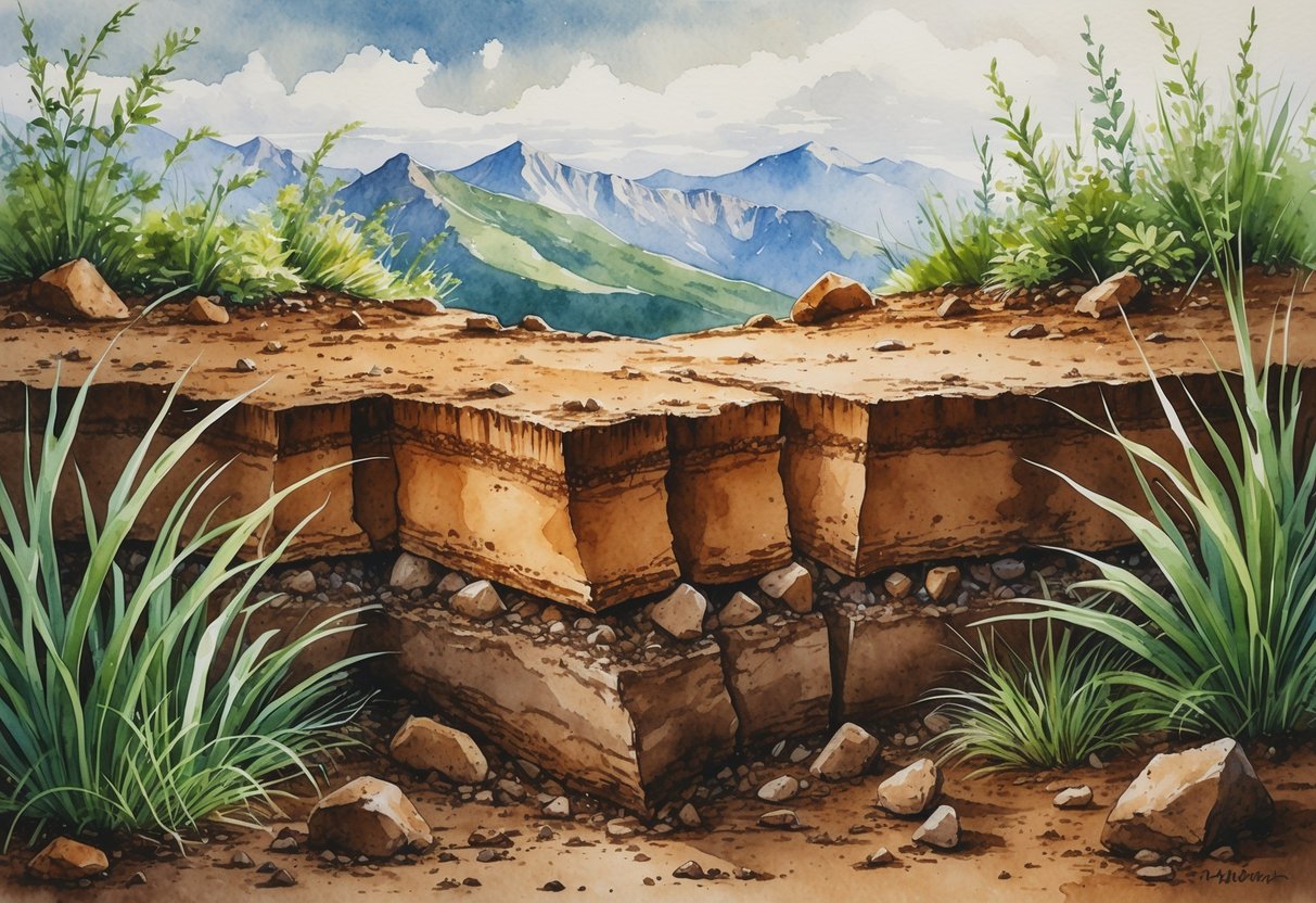 Prikaz smeđeg tla u planinskom području s biljkama i planinskim vrhovima u pozadini.