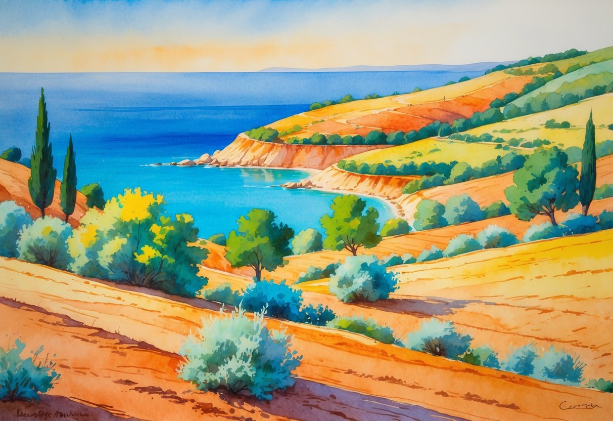 Pogled na obalni kraj s crvenkastim tlom, mediteranskim biljem i plavim morem u daljini.