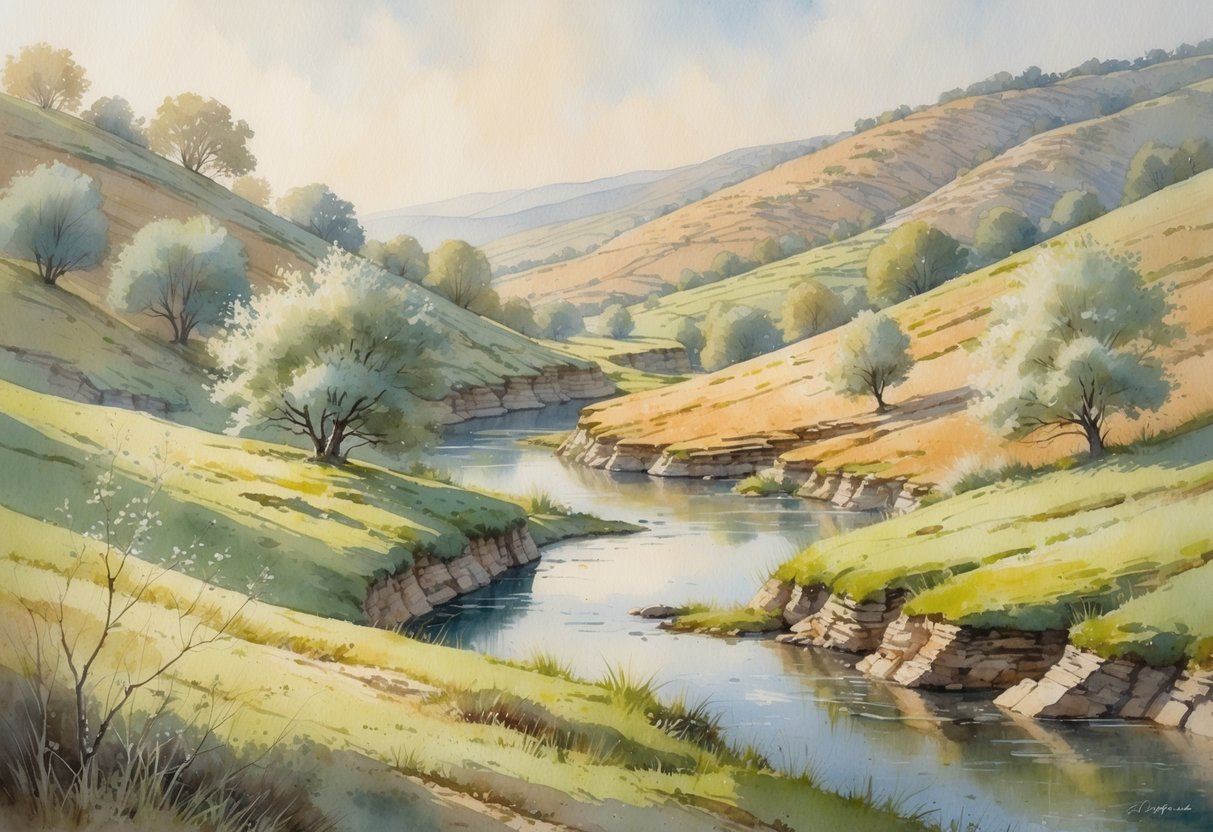 Krajobraz s blagim brežuljcima, drvećem i potokom u dolini, prikazujući prirodno tlo i stijene.