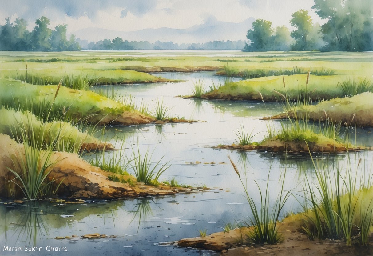 Prikaz močvarnog tla u niskom močvarnom području s travom, trskom i plitkim vodama.
