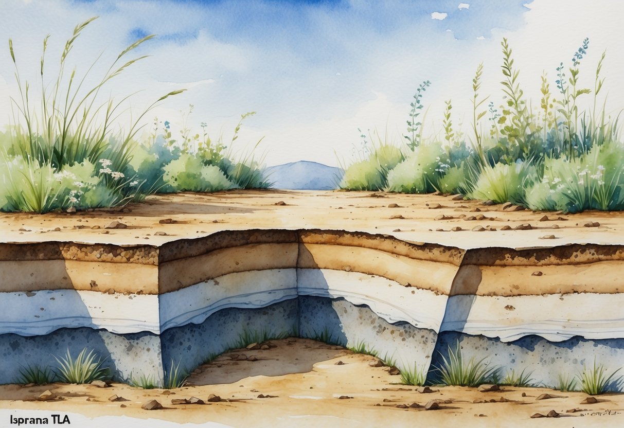 Prikaz presjeka tla s vidljivim slojevima zemlje i biljkama na površini u prirodnom krajoliku Hrvatske.