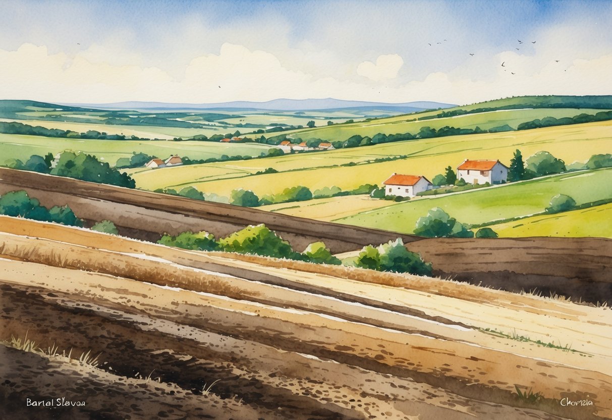 Poljoprivredni krajolik s poljima i kućama u Baranji i istočnoj Slavoniji.