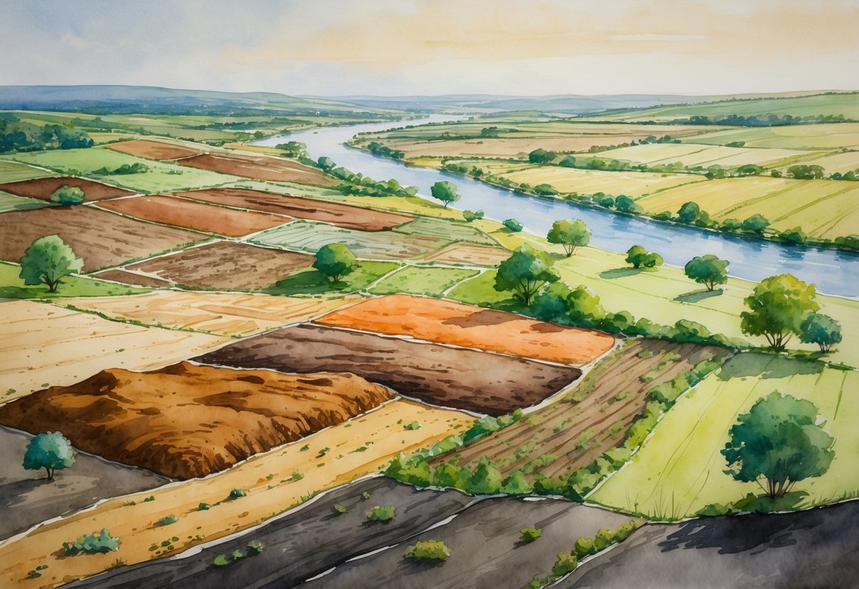 Pejzaž nizinskog područja Hrvatske s različitim vrstama tla i poljoprivrednim poljima.