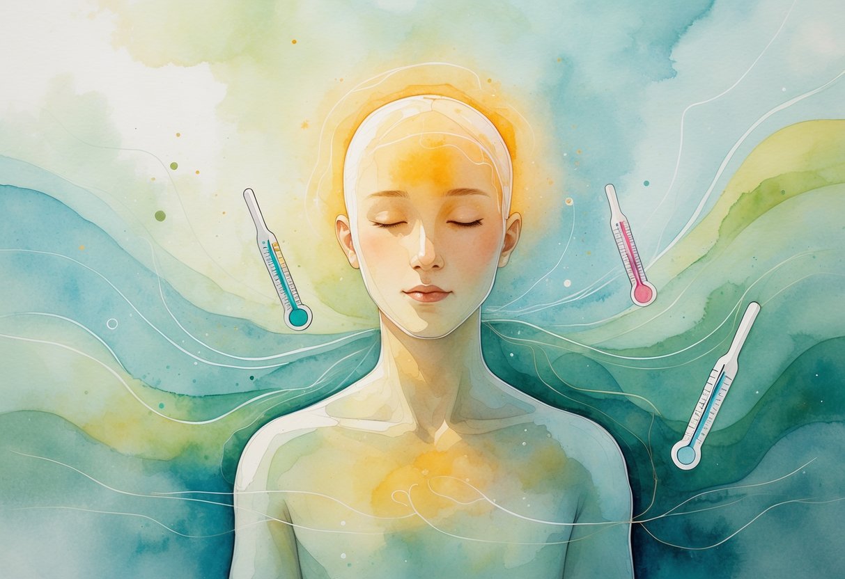 Silazna ljudska figura s toplim sjajem oko čela i prsnog područja, okružena nježnim bojama i apstraktnim elementima koji simboliziraju blagu povišenu temperaturu.