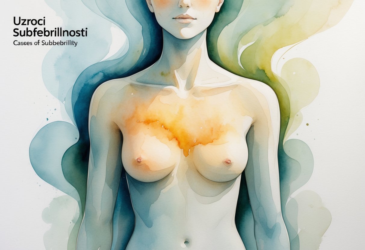 Apstraktna slika ljudskog torza s naglašenim toplim područjima na prsima i čelu, okružena nježnim oblicima koji simboliziraju uzroke blage povišene temperature.