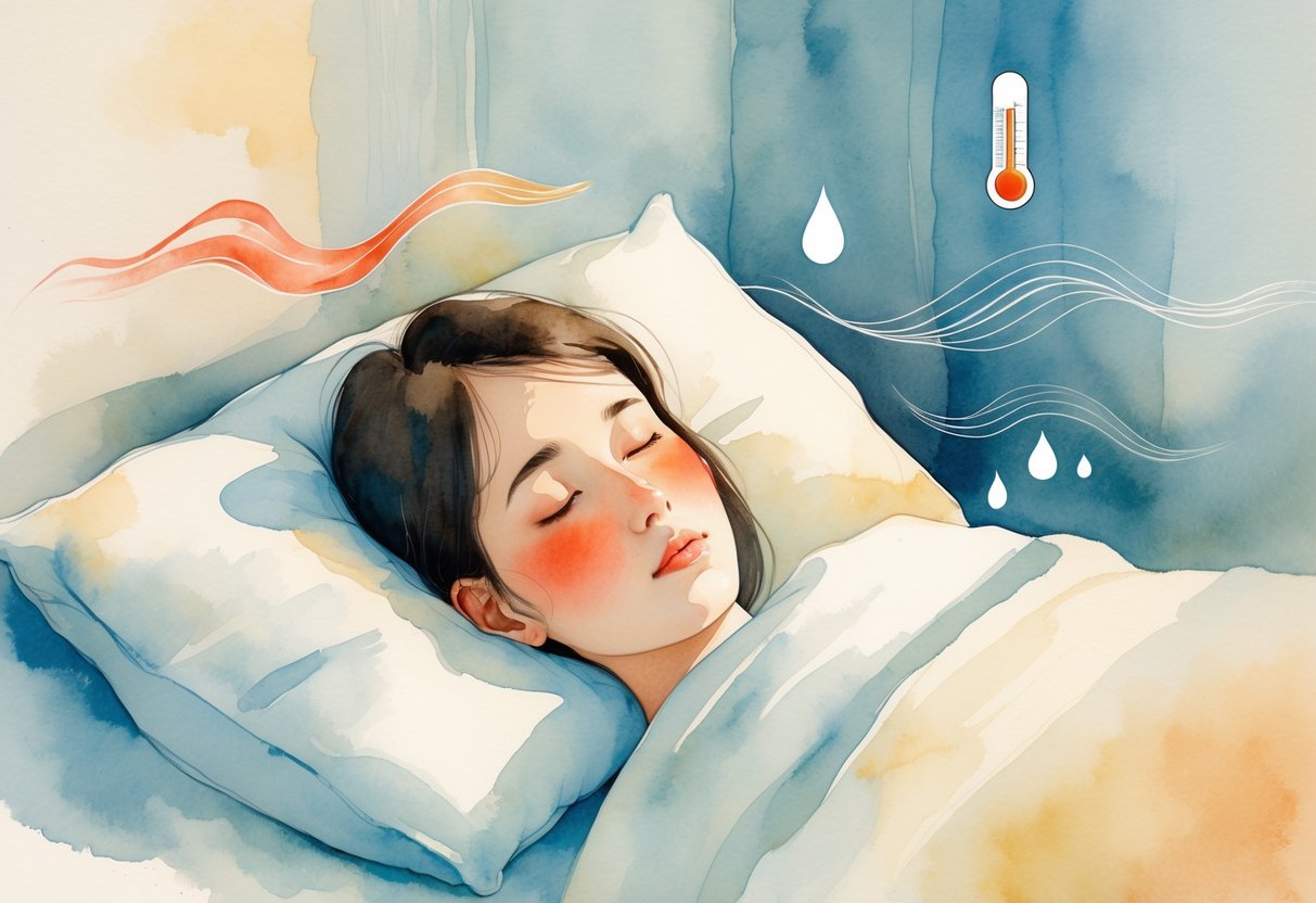 Osoba koja leži u krevetu s lagano crvenim licem, okružena nježnim bojama koje simboliziraju blagu temperaturu.