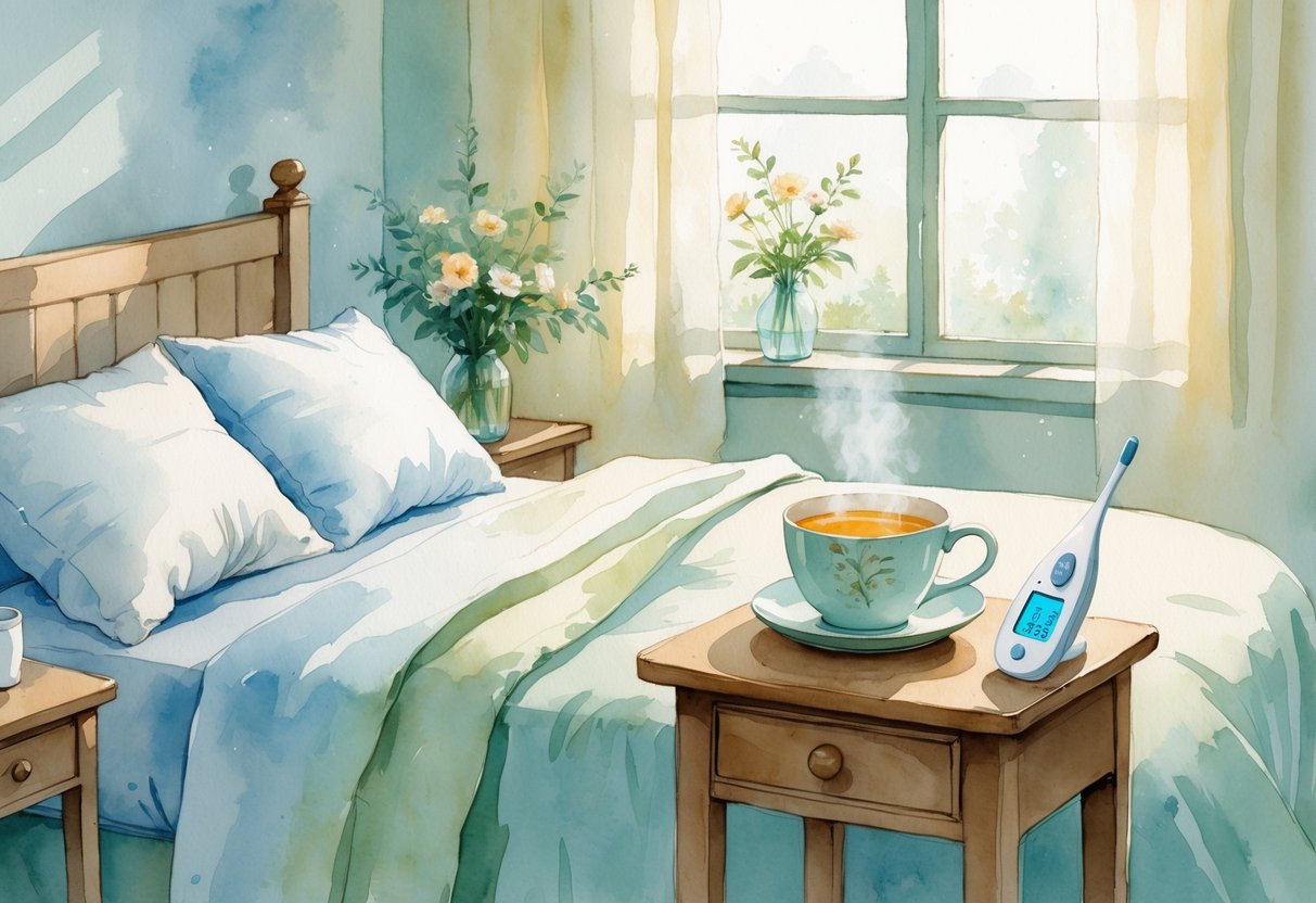 Mirna soba s krevetom, šalicom čaja i termometrom na noćnom ormariću.