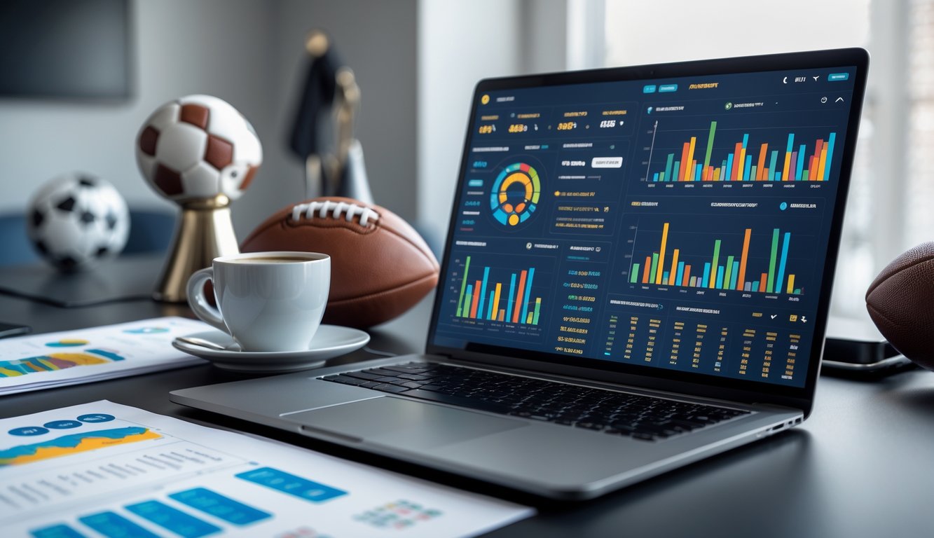 Meja kerja dengan laptop yang menampilkan statistik pertandingan sepak bola, smartphone dengan odds taruhan langsung, dan laporan cetak, di ruang dengan memorabilia olahraga.