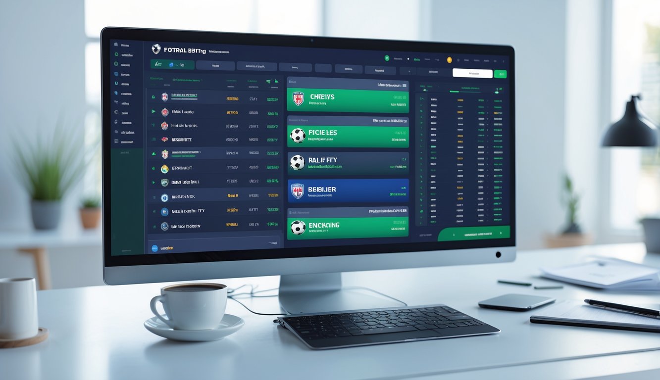 Seorang pengguna bekerja di depan laptop dan monitor yang menampilkan situs taruhan bola online dengan jadwal pertandingan sepak bola yang diperbarui.