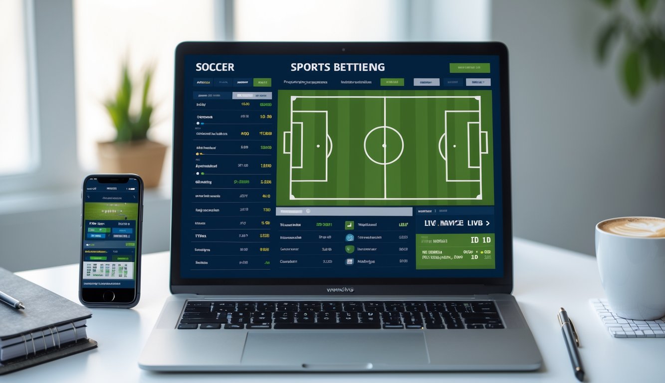 Seseorang menggunakan komputer dengan tampilan situs taruhan sepak bola online yang menampilkan informasi pertandingan dan navigasi yang mudah.
