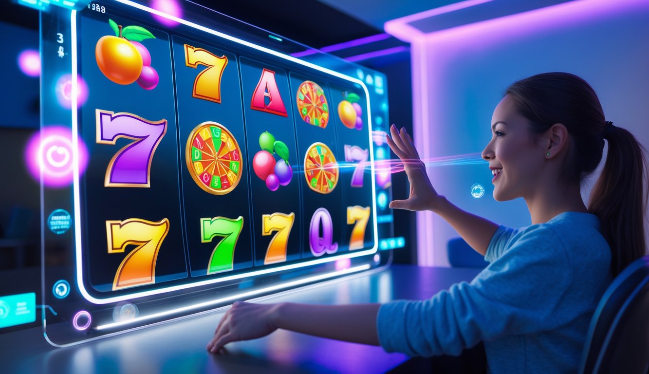 Seorang pemain muda menggunakan layar sentuh untuk memutar mesin slot online dengan latar ruang santai modern dan pencahayaan biru ungu.