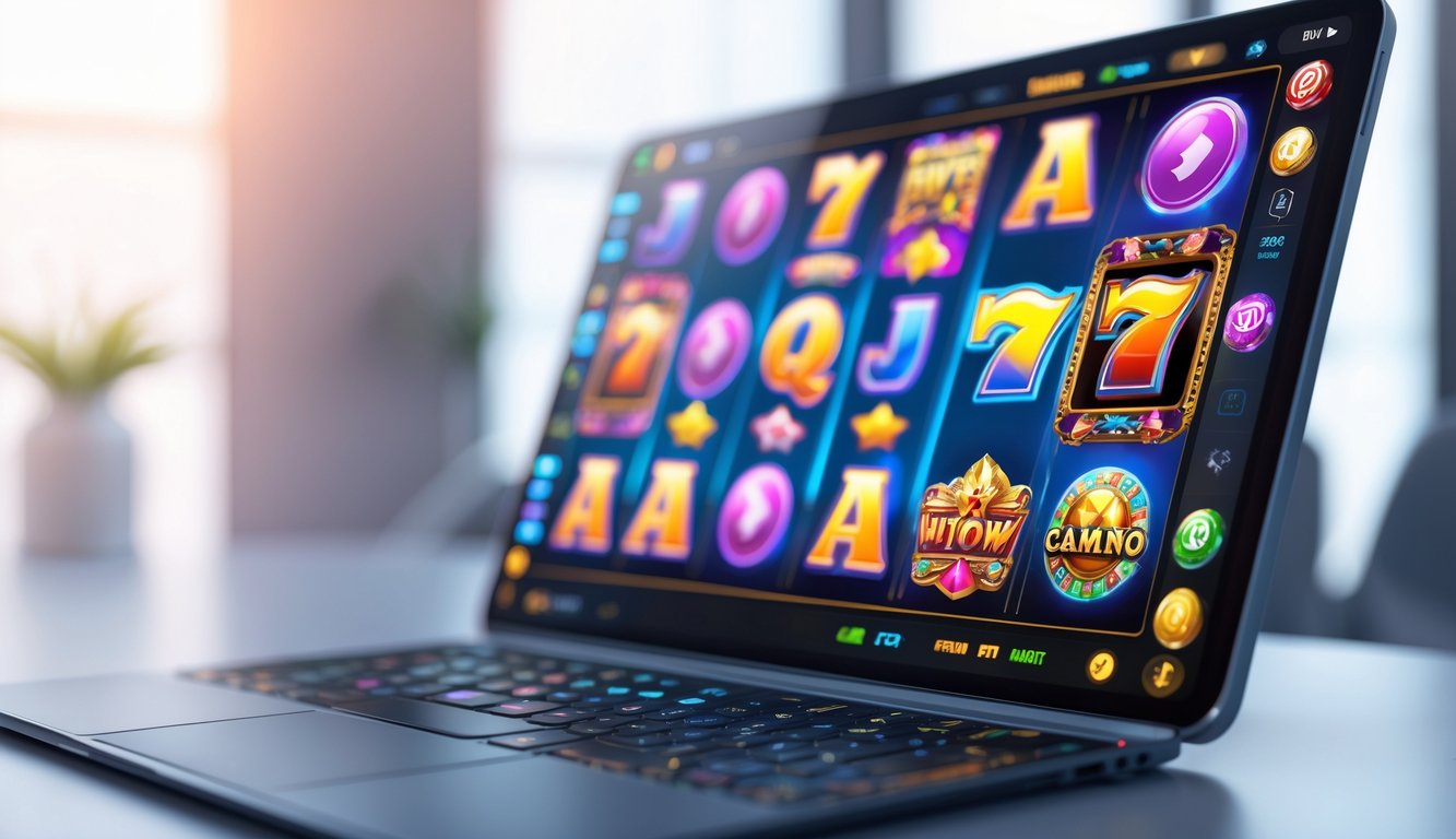 Layar komputer atau tablet yang menampilkan berbagai ikon permainan slot online dengan tampilan interaktif dan berwarna-warni.