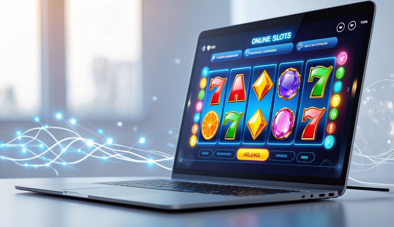 Layar komputer menampilkan permainan slot online dengan simbol warna-warni, dikelilingi elemen yang menunjukkan konektivitas digital dan keandalan.