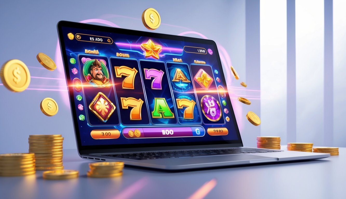 Layar laptop menampilkan permainan slot online dengan simbol warna-warni dan fitur bonus, dikelilingi oleh grafik digital yang mewakili mekanisme unik dan hadiah.