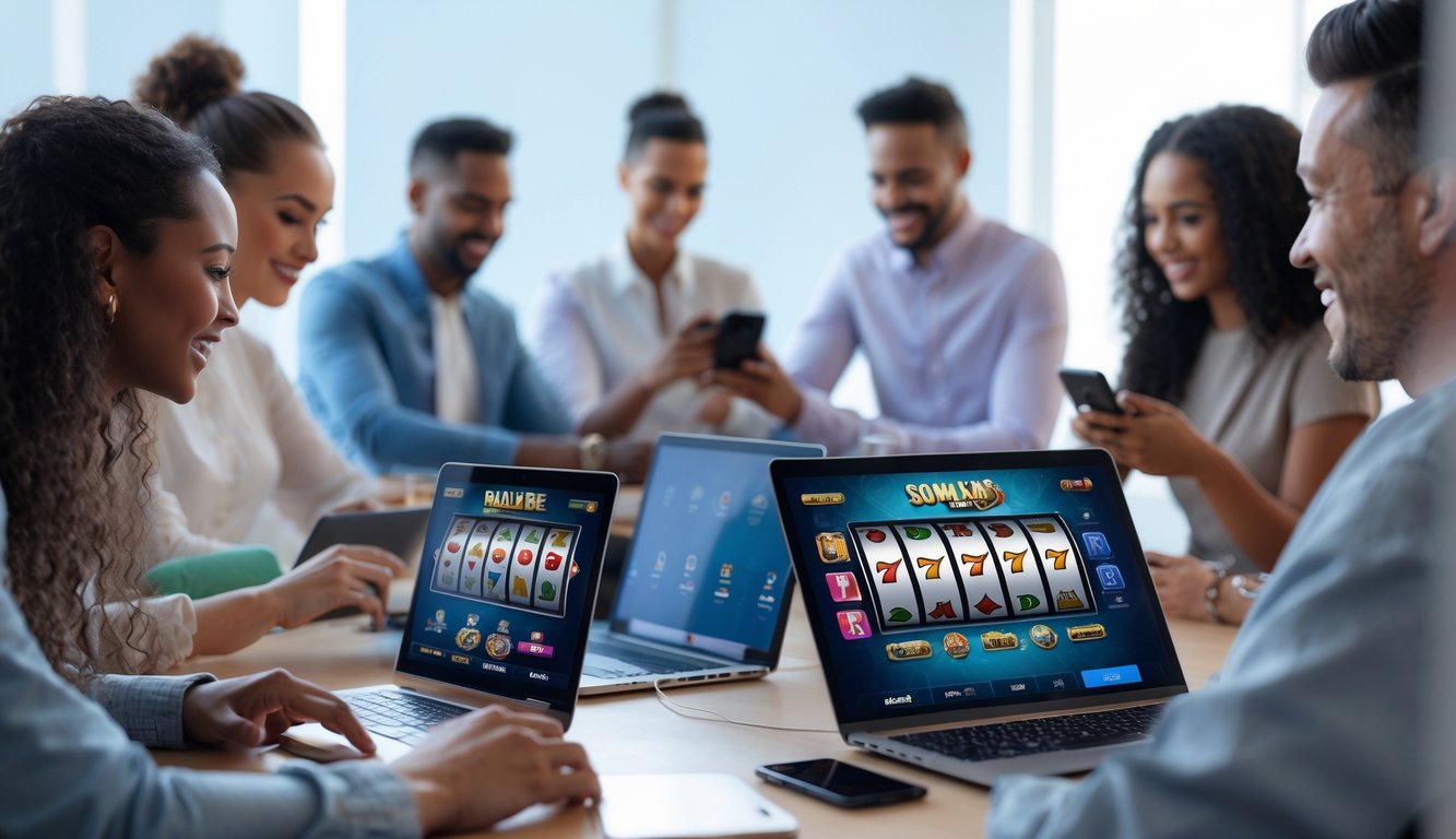 Orang-orang menggunakan berbagai perangkat seperti ponsel, tablet, dan laptop untuk bermain slot online dengan antarmuka yang mudah dinavigasi.