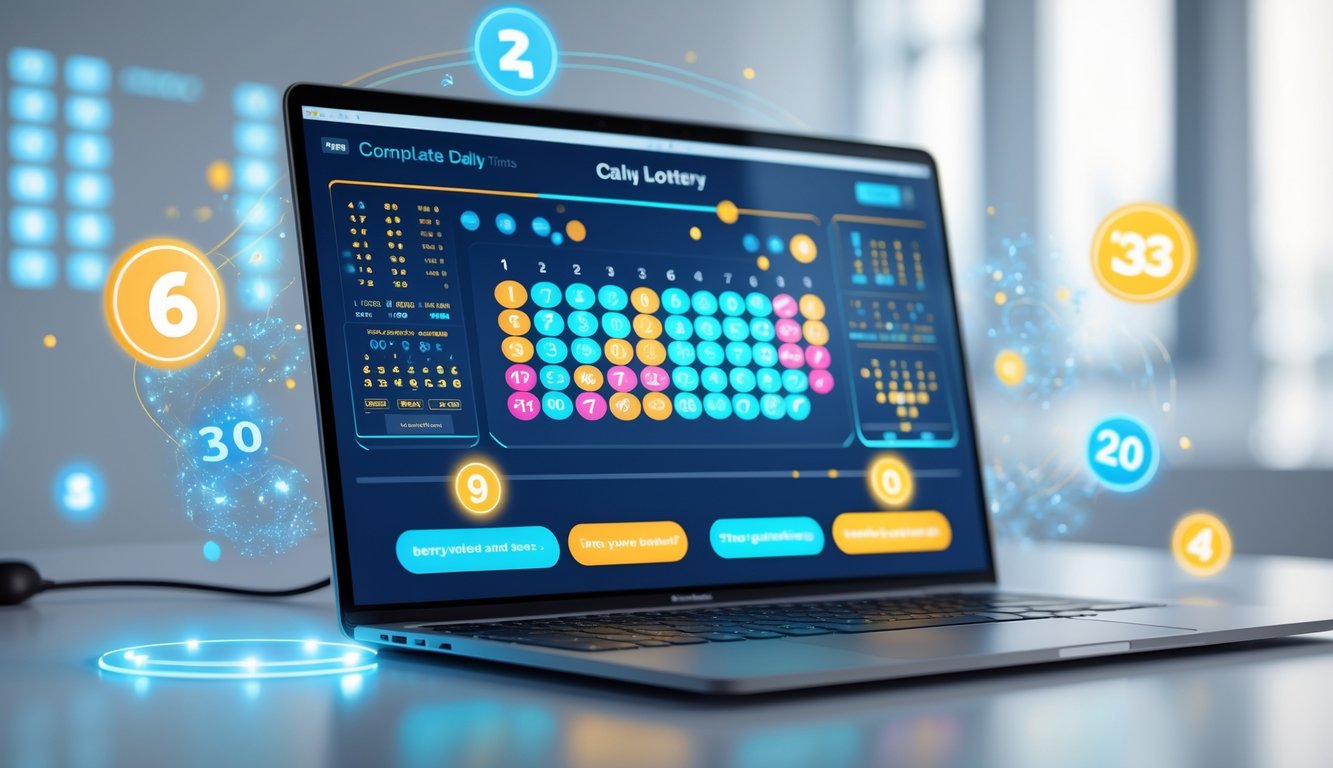 Seorang pengguna duduk di depan laptop dengan tampilan angka dan grafik lotere yang menunjukkan pembaruan harian di lingkungan kerja modern.