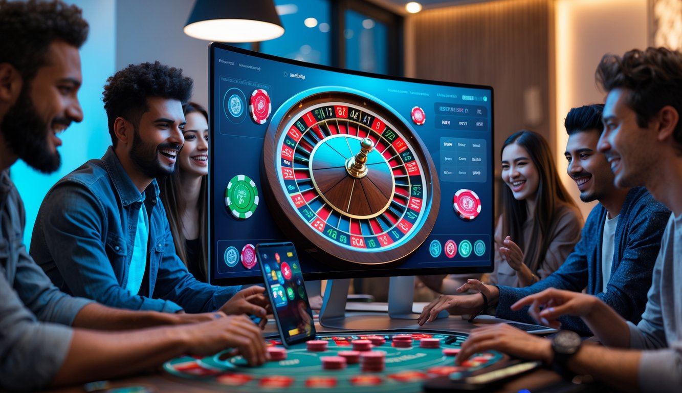 Orang-orang muda bermain roulette online di depan komputer dan perangkat digital di ruang santai modern.
