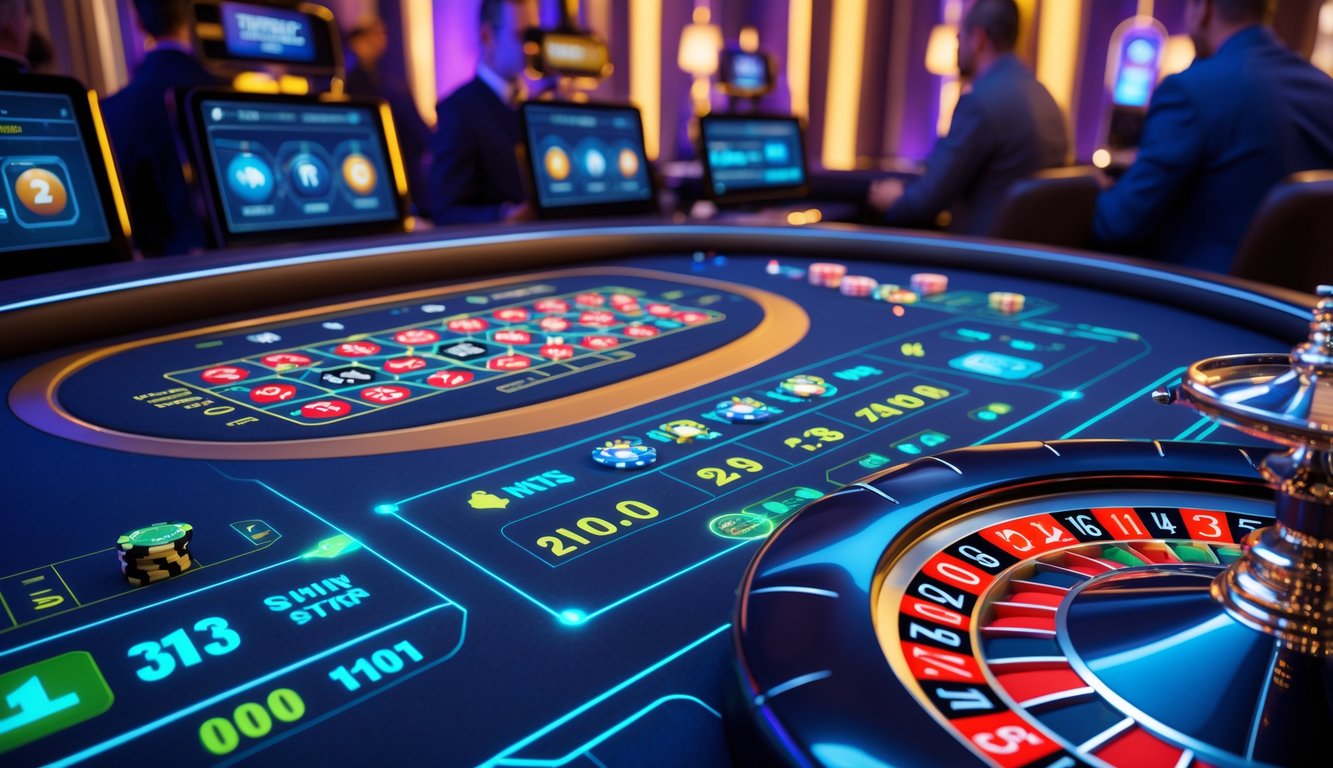 Meja roulette digital interaktif dengan roda roulette berputar secara real-time dan beberapa pemain menggunakan perangkat mereka dalam lingkungan kasino virtual.