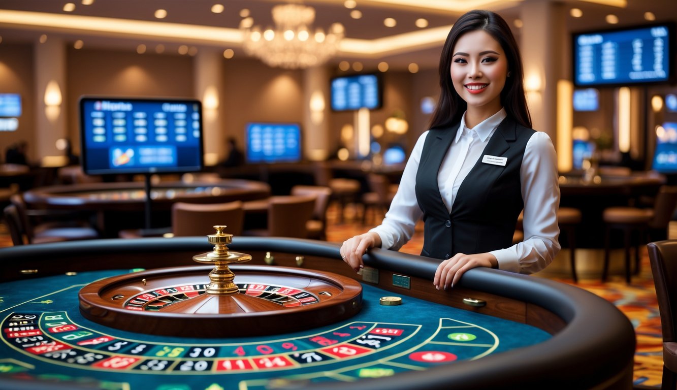 Seorang dealer wanita berdiri di belakang meja roulette dengan roda roulette yang sedang berputar dalam suasana kasino yang elegan dan terang.