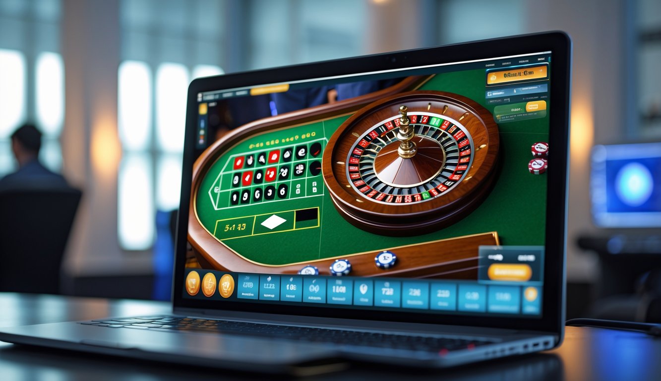 Tampilan meja roulette online profesional dengan roda roulette dan angka taruhan yang jelas terlihat pada layar komputer.