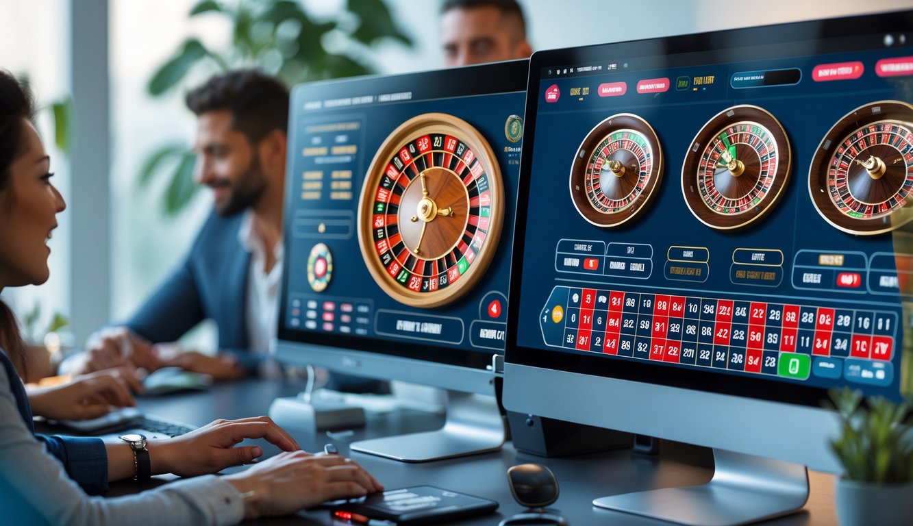 Beberapa orang sedang bermain roulette online dengan berbagai varian meja roulette yang ditampilkan di layar komputer di sebuah ruangan modern.