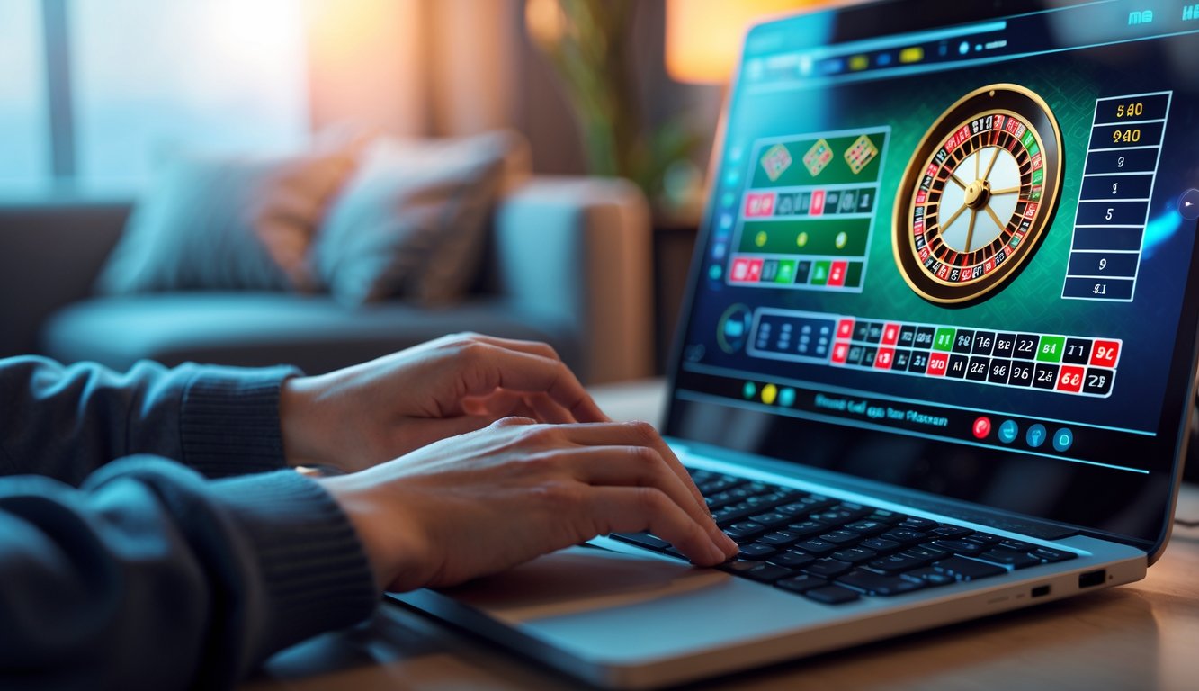 Seorang pemain sedang menggunakan komputer dengan permainan roulette online di layar dalam suasana nyaman dan tenang.