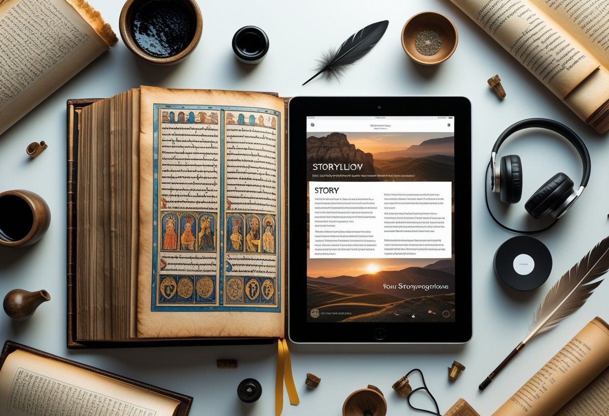 Storytelling: Grundlagen, Techniken und Anwendungen 2 Ein offenes altes Buch neben einem modernen Tablet, umgeben von Schreibfedern, Schriftrollen und Kopfhörern, die die Entwicklung des Erzählens darstellen.