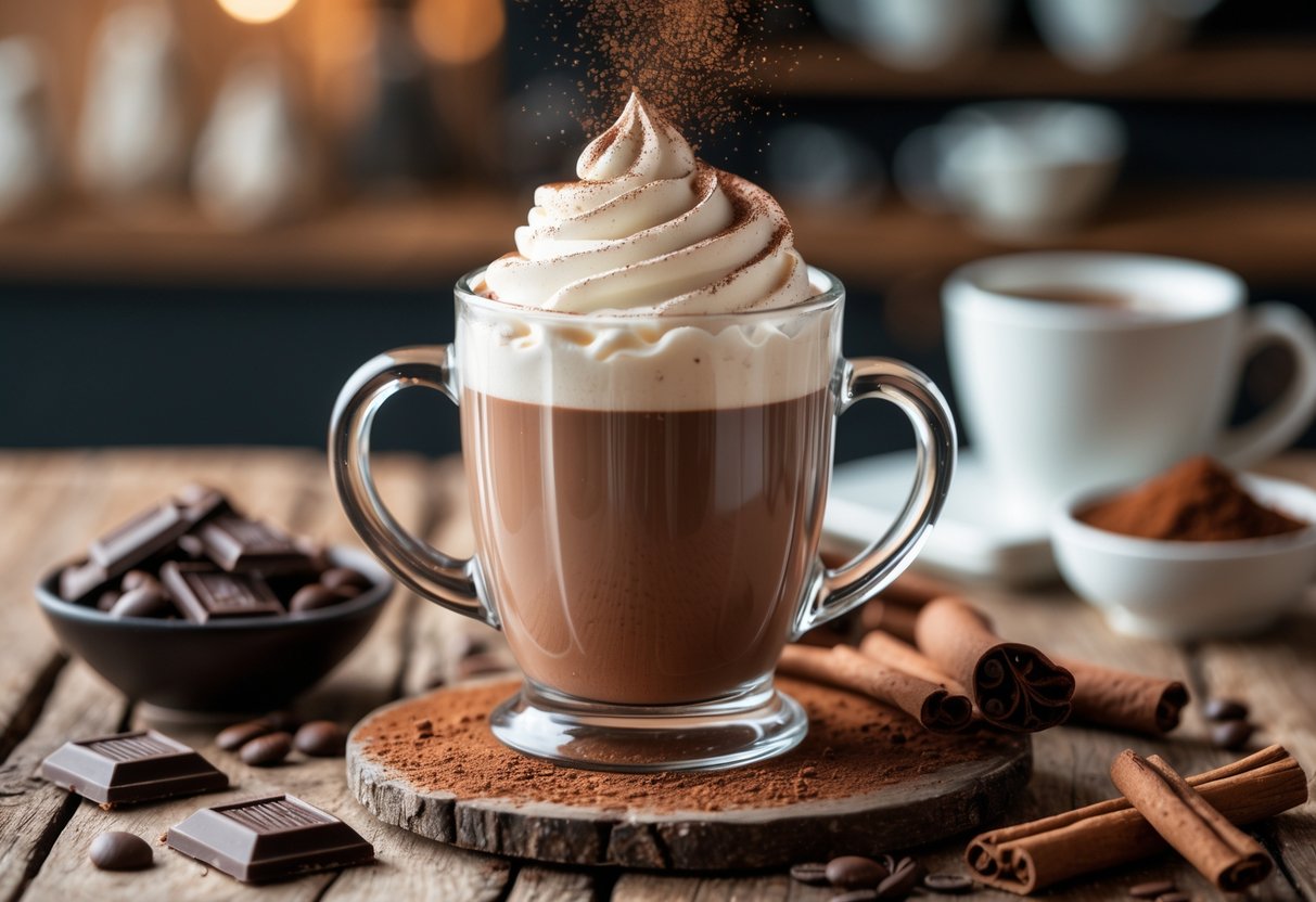 A glass mug of hot chocolate topped with whipped cream on a wooden table with chocolate pieces and cinnamon sticks nearby.