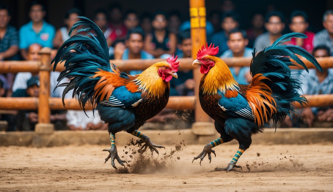 Dua ayam jago sedang bertarung di arena dengan penonton yang memperhatikan dengan serius.