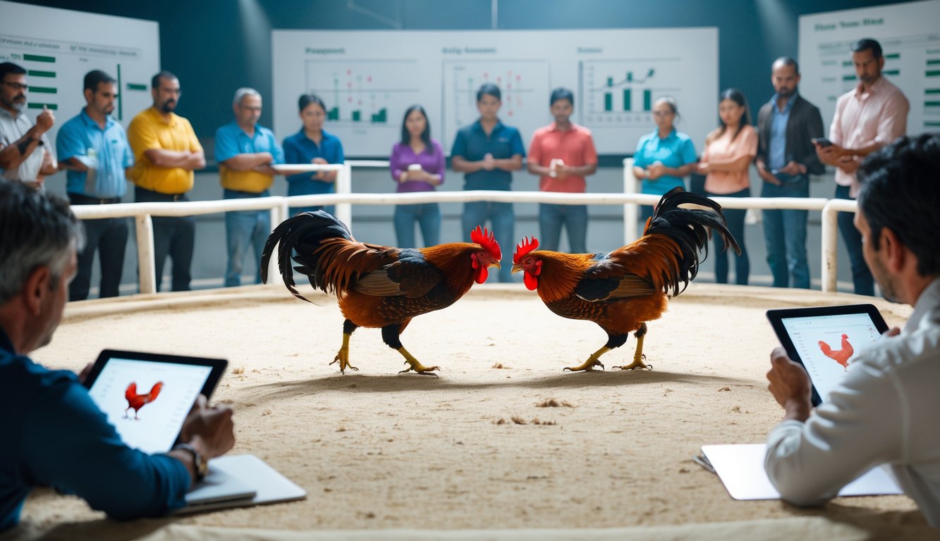 Dua ayam jago sedang bertarung di arena modern dengan penonton yang memperhatikan dan mencatat teknik serangan dan pertahanan.