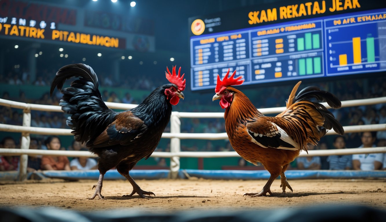 Dua ayam aduan sedang bertarung di arena dengan penonton di sekitar dan papan data statistik di latar belakang.