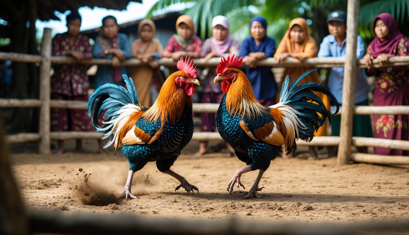 Dua ayam jago beraksi dalam arena sabung ayam dengan beberapa penonton memperhatikan dengan serius di latar belakang.