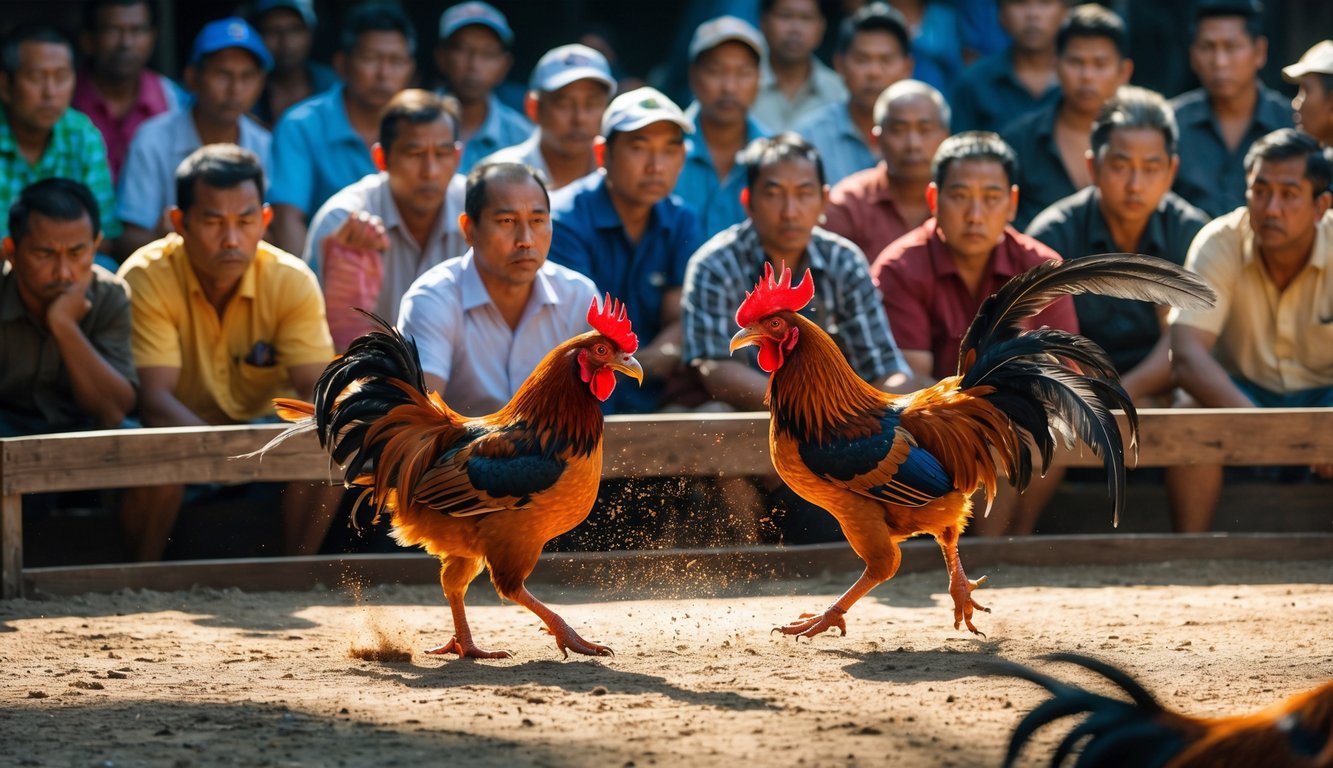 Dua ayam jago sedang bertarung di arena dengan penonton yang mengamati dengan serius.