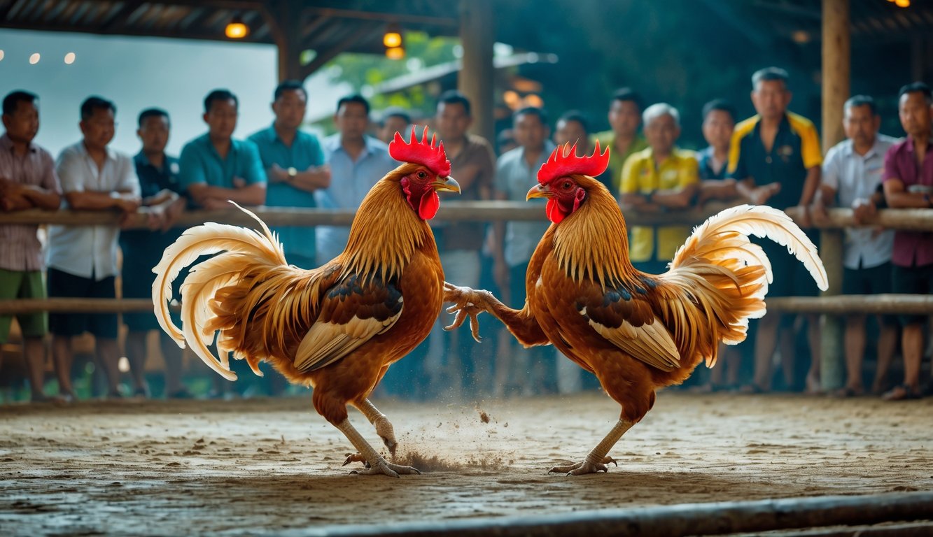 Dua ayam jago sedang bertarung di arena dengan penonton yang fokus menyaksikan di sekelilingnya.