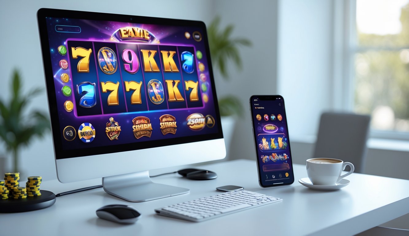 Sebuah monitor komputer dan ponsel menampilkan permainan slot online dengan berbagai simbol warna-warni di atas meja kerja modern.
