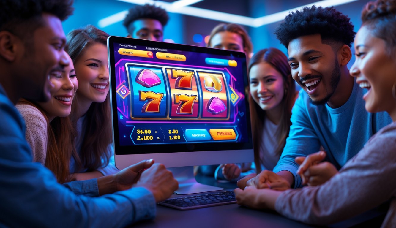 Sekelompok orang muda bermain permainan slot online interaktif di depan layar komputer dengan ekspresi senang dan antusias.