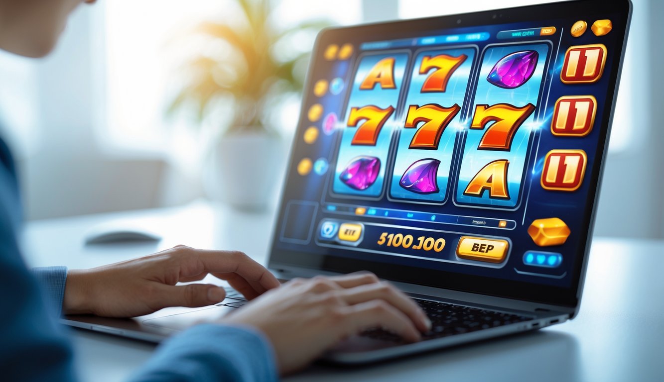 Seseorang menggunakan laptop dengan tampilan permainan slot online yang berwarna-warni dan responsif di layar.
